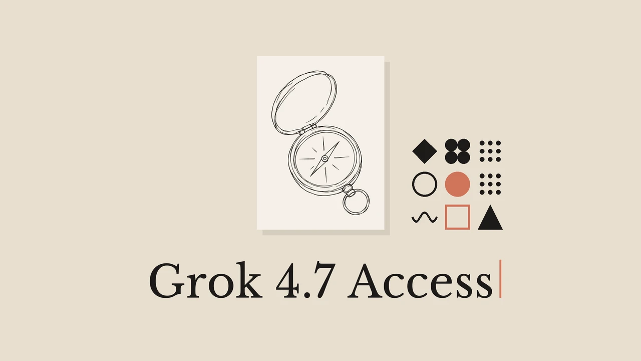 Линейный рисунок компаса на светлой карточке с надписью Grok 4.7 Access.
