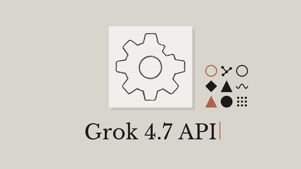Линейный рисунок шестерёнки на светлой карточке с надписью Grok 4.7 API.