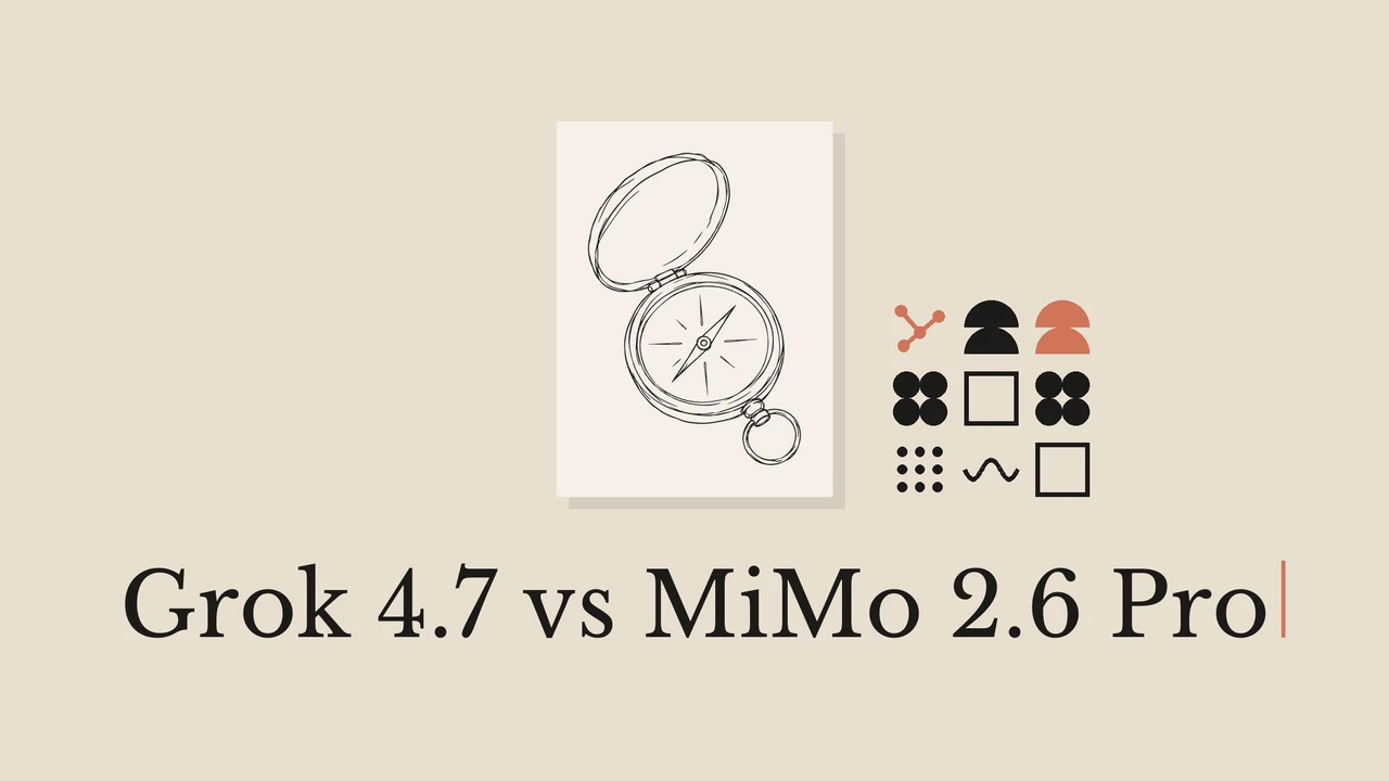 A black compass line drawing on pale paper over a warm beige background, with geometric glyphs and the title Grok 4.7 vs MiMo 2.6 Pro.