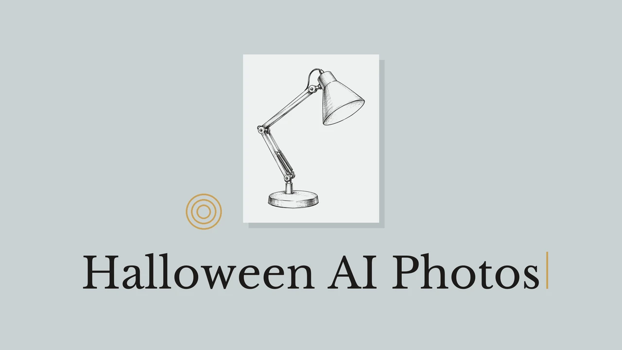 蓝灰色背景上的浅色卡纸与台灯线稿，旁边有圆环装饰和 Halloween AI Photos 标题。