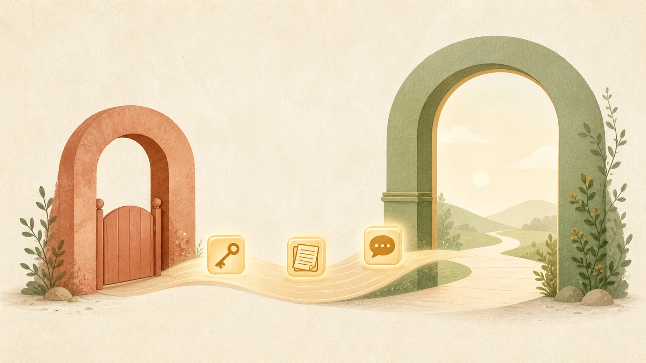 Two stylized doorways linked by a flowing arc of small icons — keys, skill files and memory blocks — moving from a smaller terracotta arch on the left to a wider sage-green arch on the right, representing the OpenClaw to Hermes Agent migration path