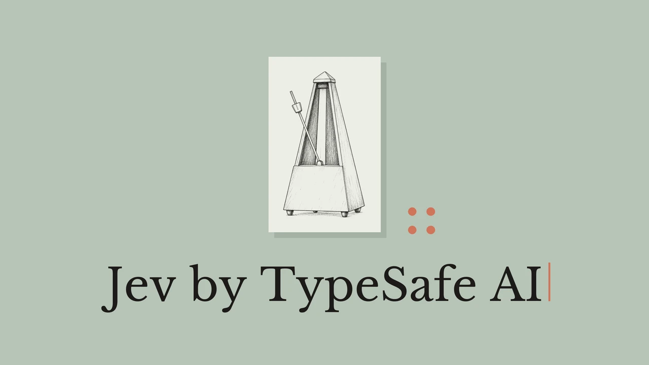 鼠尾草绿背景上的节拍器线稿，浅色卡纸与圆点装饰，下方为 Jev by TypeSafe AI 标题。
