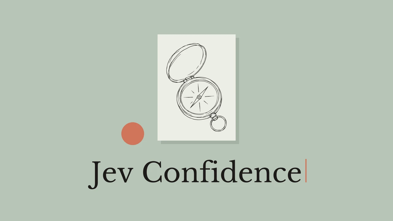 セージグリーンの背景と淡い紙の上に描かれたコンパスの線画。見出しはJev Confidence。