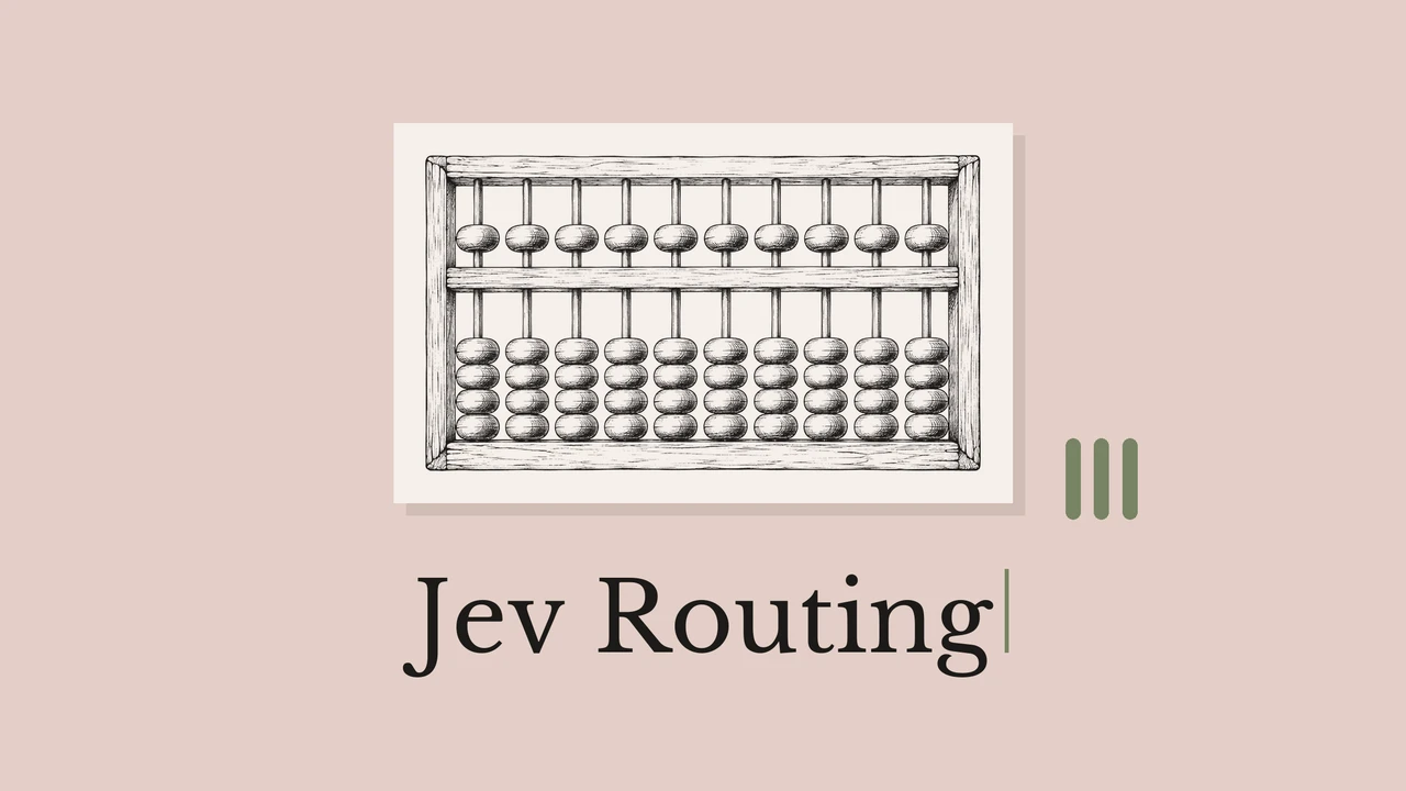더스티 핑크 배경의 밝은 종이에 그린 주판 선화와 Jev Routing 제목.