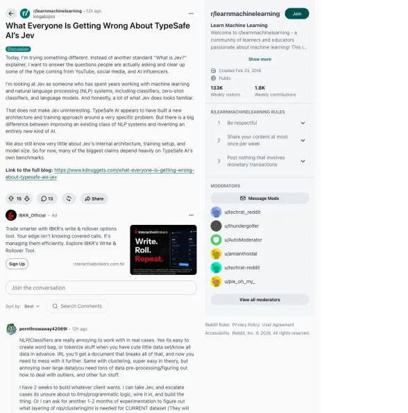 Reddit 英文原帖将 Jev 与既有分类器比较,并质疑过度依赖厂商基准。
