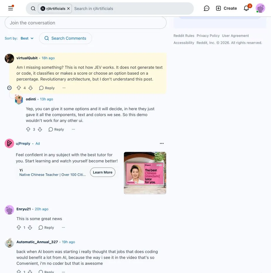 Reddit 用户 virtualQubit 与 odinti 的英文评论,讨论 Jev 做选择与生成界面代码的区别。