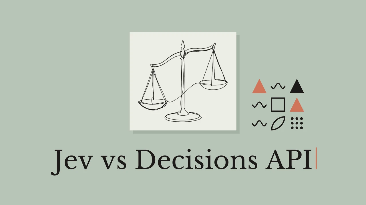 세이지 그린 배경의 검은 저울 선화와 Jev vs Decisions API 제목.