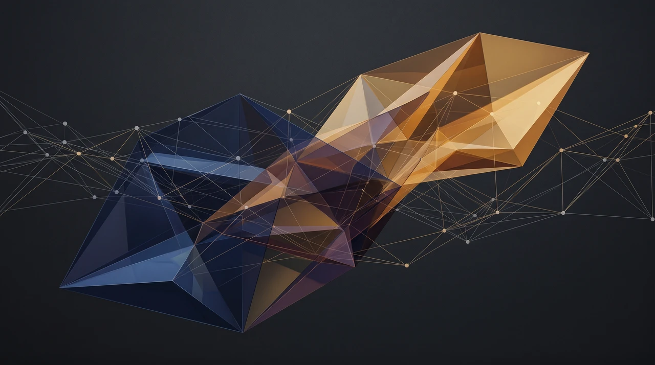 Two intersecting geometric shapes in amber and indigo, connected by code-like node patterns, representing Kimi K2.6 and Claude Opus 4.6 coding performance comparison