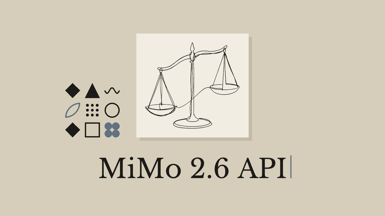 淡いカードに描かれた天秤の線画と「MiMo 2.6 API」の文字。