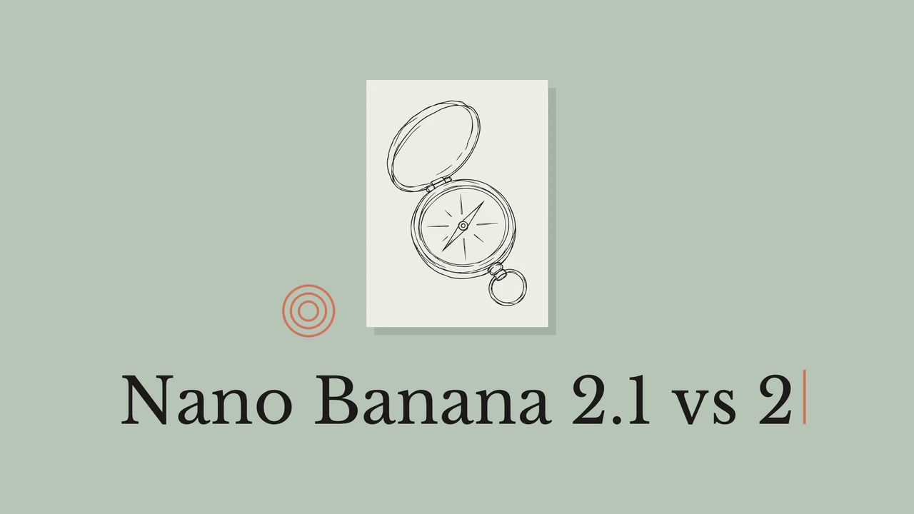 Black ink compass on a pale card with geometric accents and a Nano Banana 2.1 title.