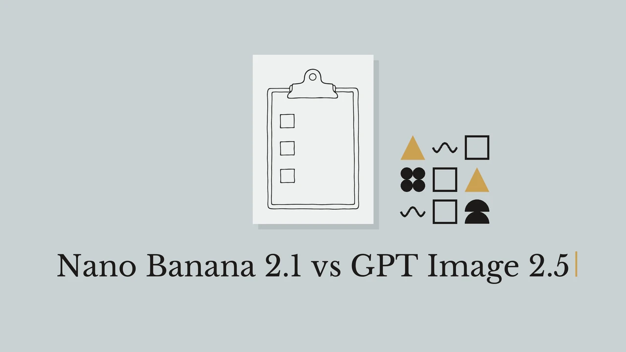 Black ink clipboard on a pale card, blue-gray background, geometric accents and the title Nano Banana 2.1 vs GPT Image 2.5.