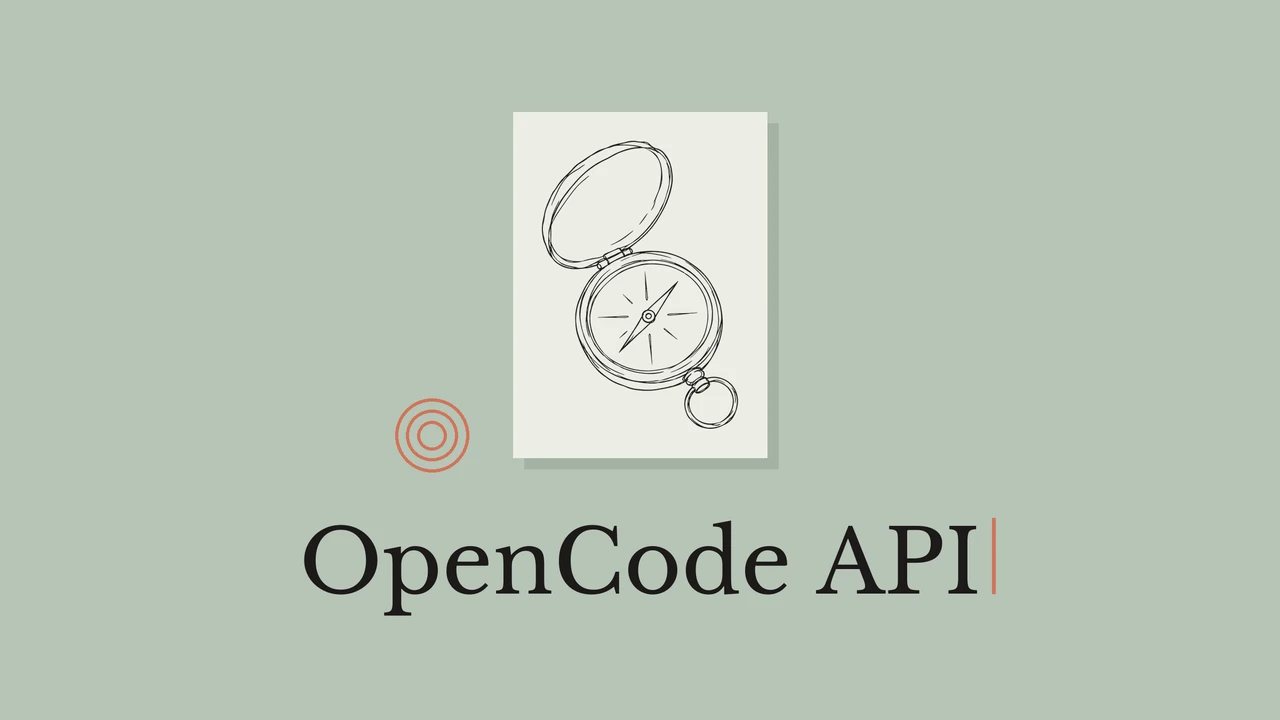 Black ink compass on pale paper, a sage green background, geometric accents and the title OpenCode API.