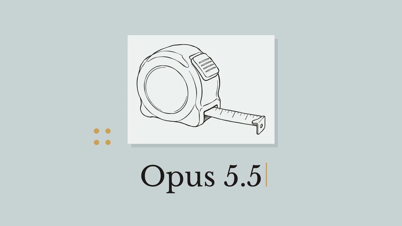 Measuring tape line drawing on pale paper, with a blue-gray background, mustard dots and the title Opus 5.5