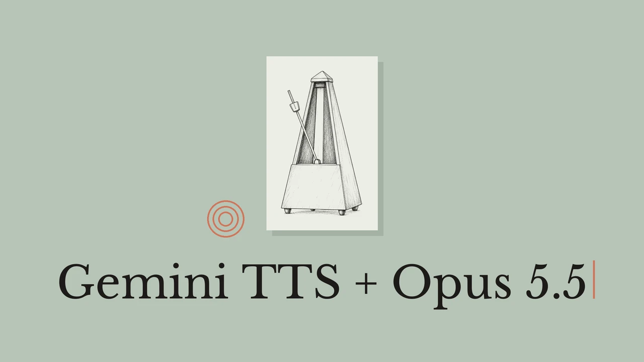 セージグリーンの背景にメトロノームの線画とGemini TTS + Opus 5.5の文字。