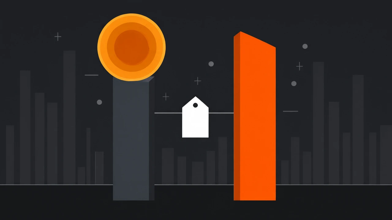Two tall columns of near-equal height on a dark field, one crowned with a warm sun disc and one a bright orange monolith, joined by a single hanging price tag, illustrating two frontier AI models that share an input price