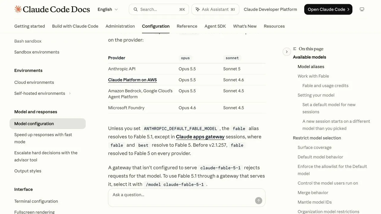 Claude Code documentation showing provider-specific Opus aliases