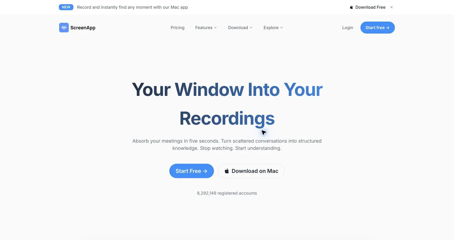 ScreenApp homepage showing its recording and knowledge organization positioning.