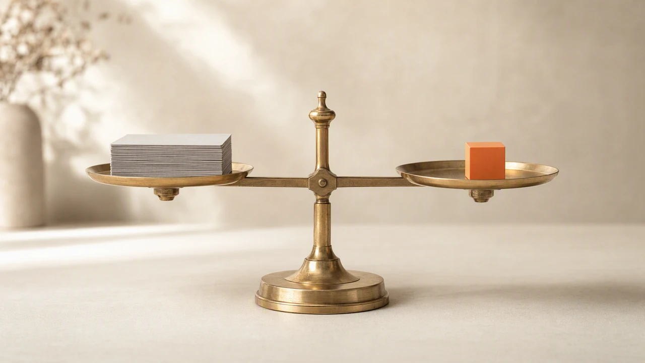 A brass kitchen scale on a warm off-white surface, one pan holding a stack of blank grey cards and the other a single orange weight, balanced level