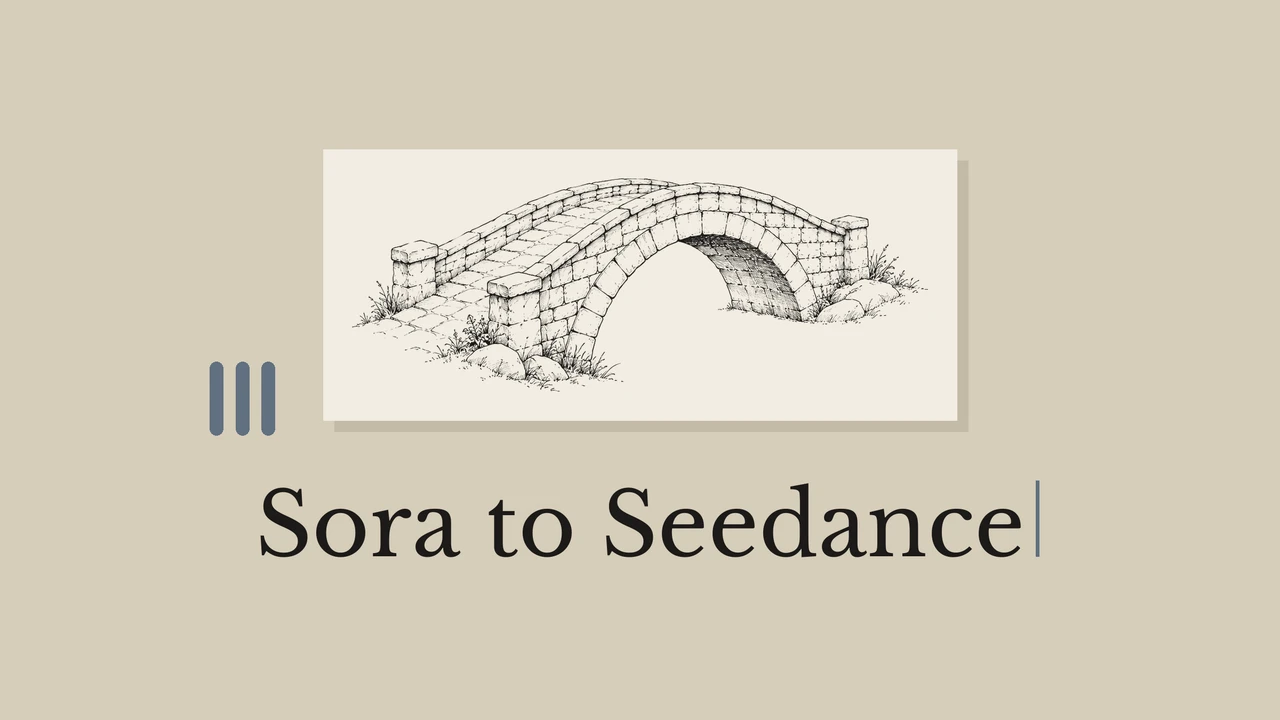 Stone bridge line drawing on a sand-colored cover titled Sora to Seedance