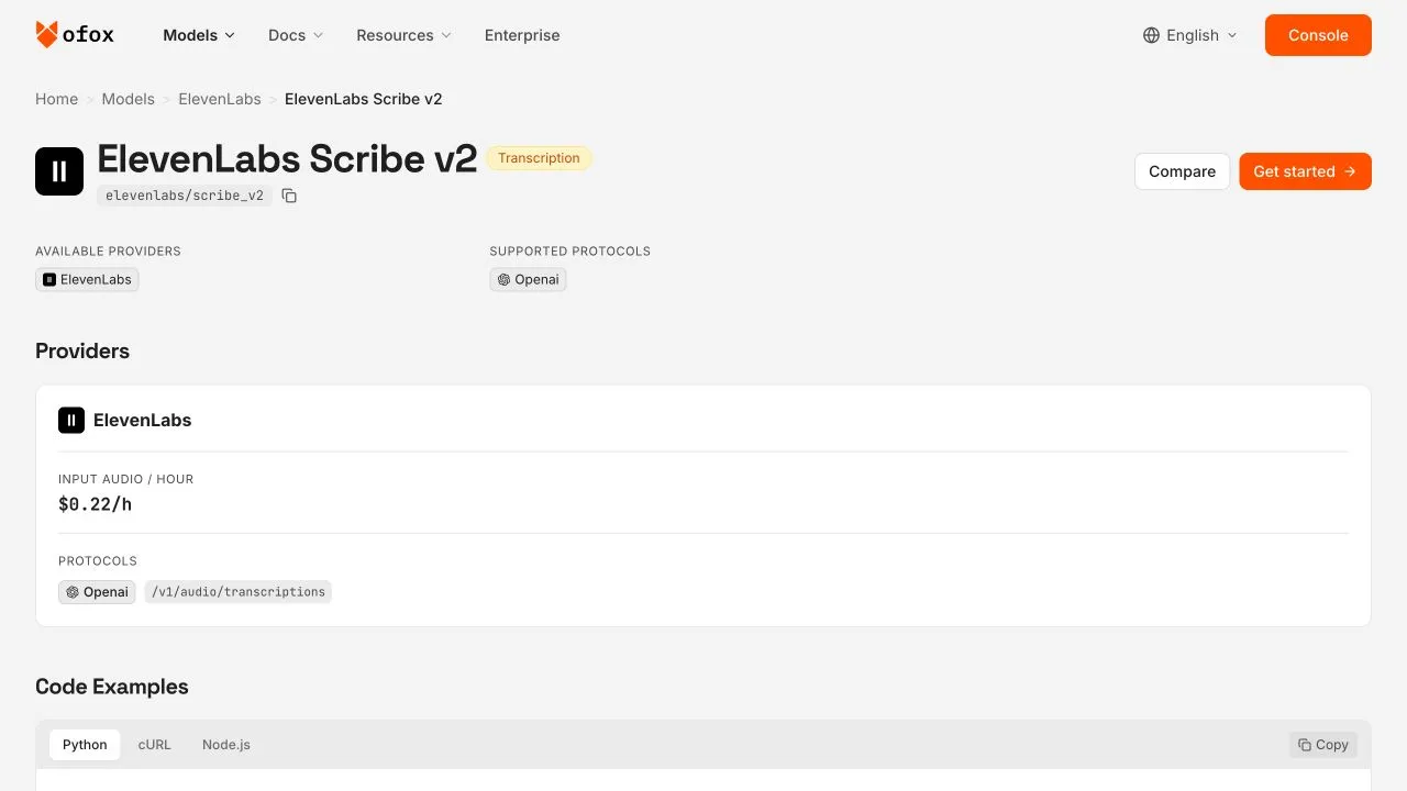Ofox 英文 Scribe v2 模型页,显示输入音频每小时 0.22 美元。