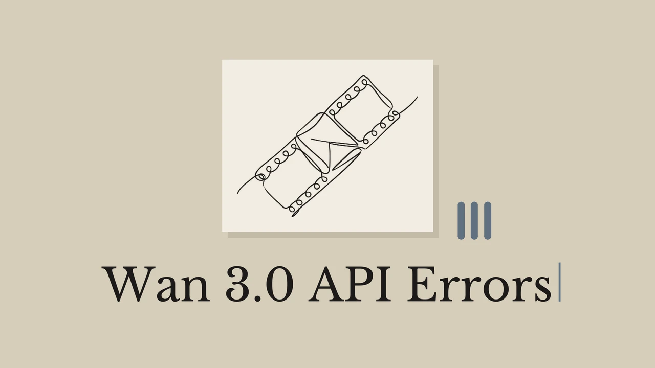 Single-line ink drawing of a film strip with one frame crossed out on a pale paper card over a warm grey background, a small grid of black and rust geometric glyphs beside it, and the serif title Wan 3.0 API Errors beneath