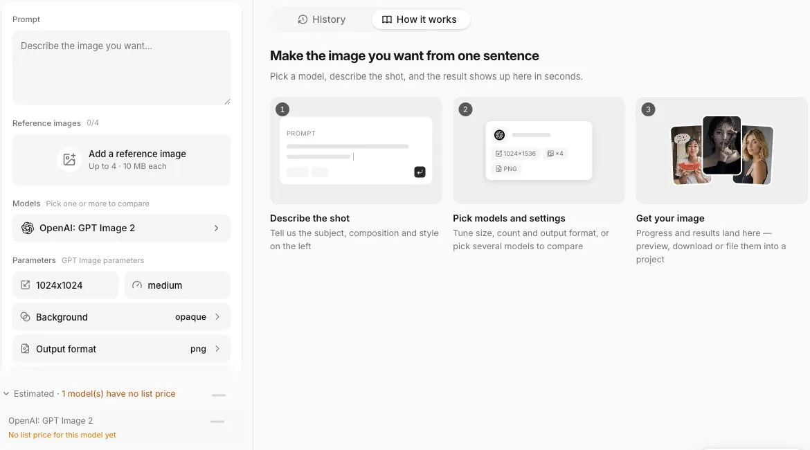 English Ofox image interface showing model, reference upload and image settings.