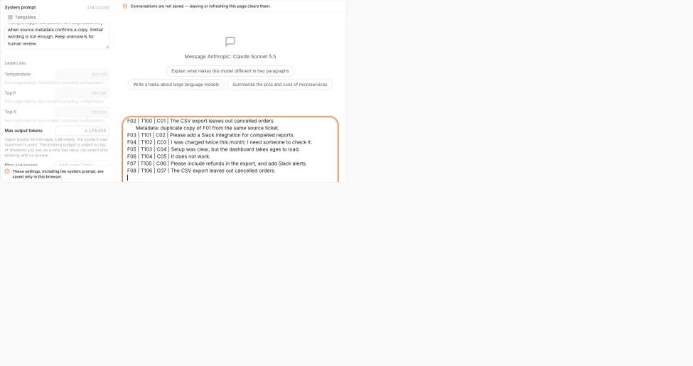 Real Ofox Playground showing feedback classification instructions before a request is sent.