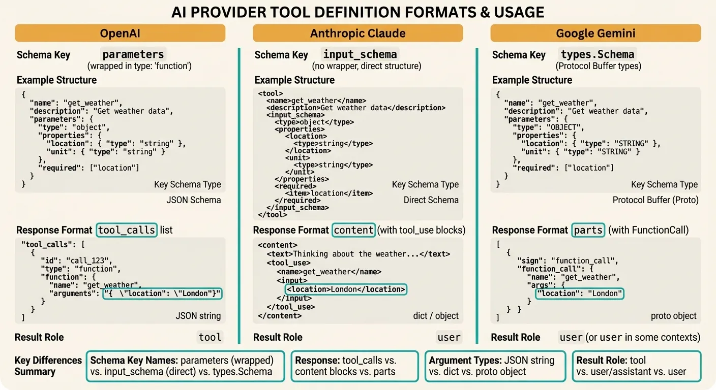Side-by-side comparison of function calling formats across OpenAI, Anthropic Claude, and Google Gemini — showing differences in tool definition schema keys, response formats, argument types, and result handling