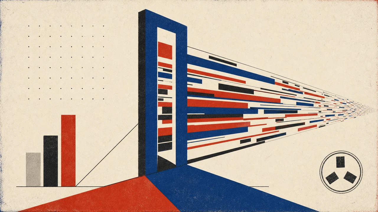 Editorial illustration of a million-token context window unfolding into stacked Coding Plan tiers, with an MIT license seal hovering beside an open-weights door — El Lissitzky geometric abstraction style