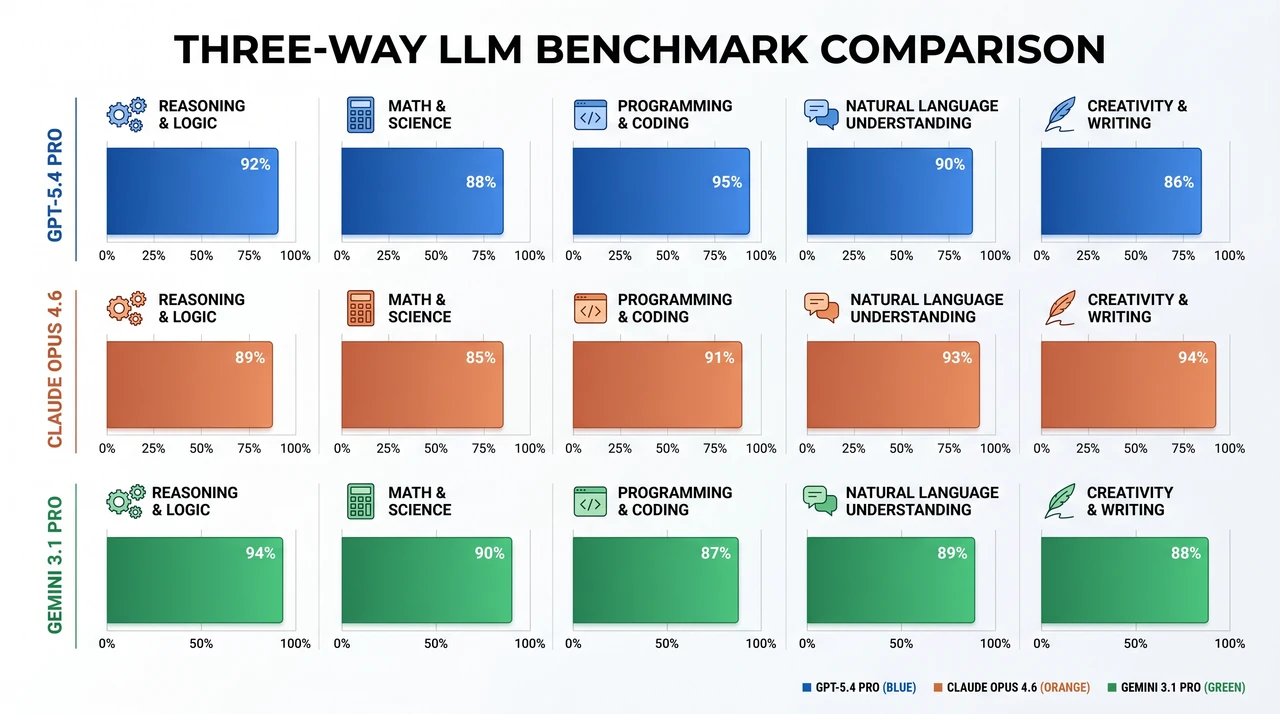 Three-way comparison chart showing GPT, Claude, and Gemini performance across coding, reasoning, and production tasks