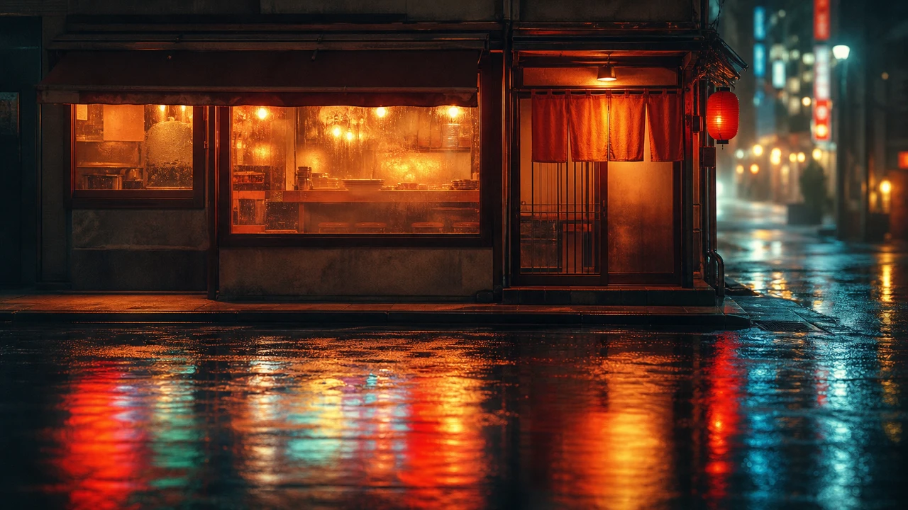 深夜のラーメン店の店先 — 暖色の店内光、雨上がりの路面に映るネオン。タイムアウトとレート制限に邪魔されなければ GPT-Image-2 がそのまま描き出してくれる場面