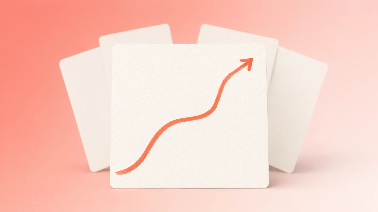 A hand-drawn orange route line curving up to an arrowhead across a blank matte storyboard card, with more blank cards fanned out behind it on a coral background