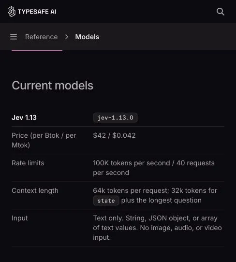 TypeSafe 공식 모델 페이지에 Jev 모델과 과금 정보가 표시되어 있습니다.
