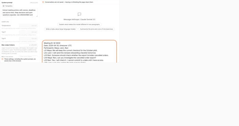 Real English Ofox Playground with the meeting extraction instructions prepared before submission.