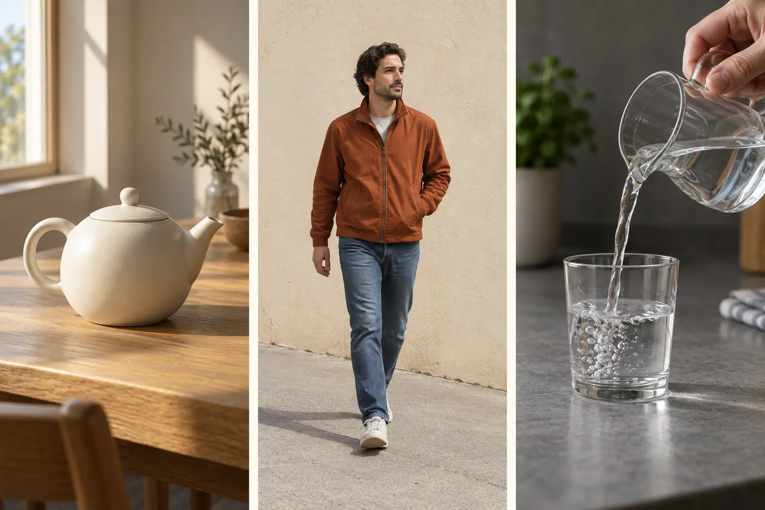 Three distinct practice scenes: a teapot, a walking person and water poured into a glass.