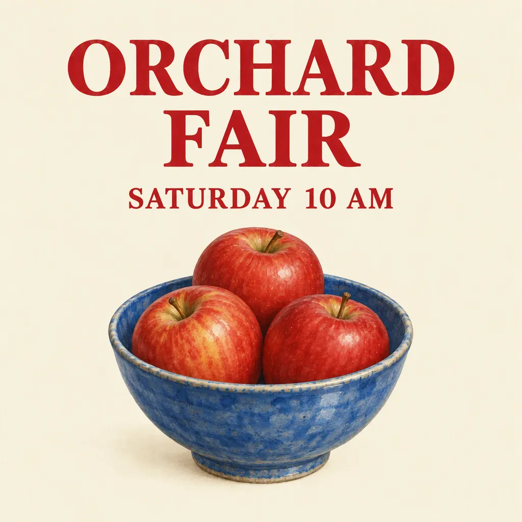 GPT Image 2.5 Flare edited poster reading ORCHARD FAIR in red, with the blue bowl retained