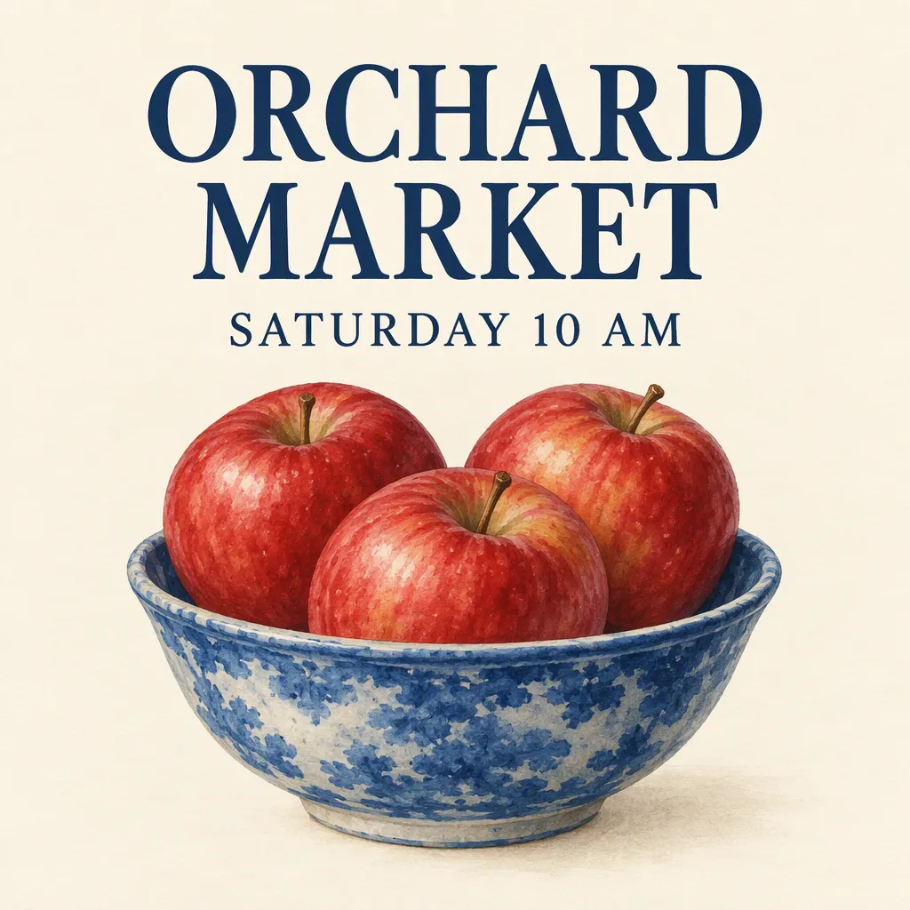 GPT Image 2.5 Sunburst original poster with a dark blue two-line headline and three painterly apples