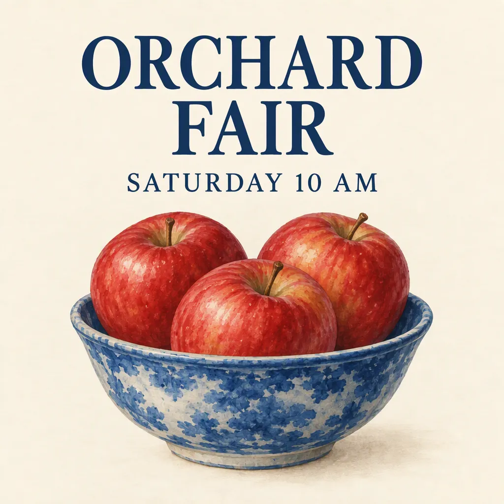 GPT Image 2.5 Sunburst edited poster reading ORCHARD FAIR in dark blue, with the blue bowl retained