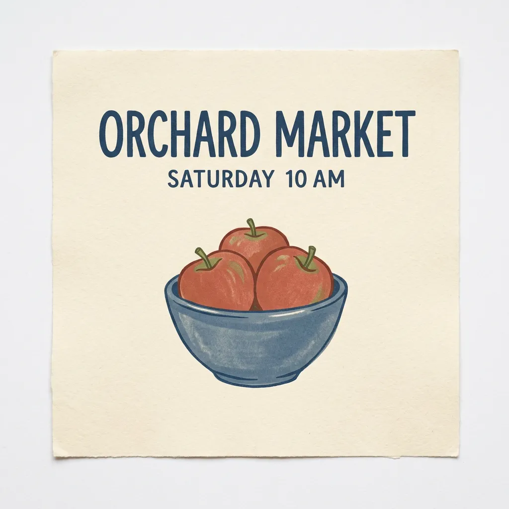Nano Banana 2 poster reading ORCHARD MARKET and SATURDAY 10 AM, with three apples in a blue bowl