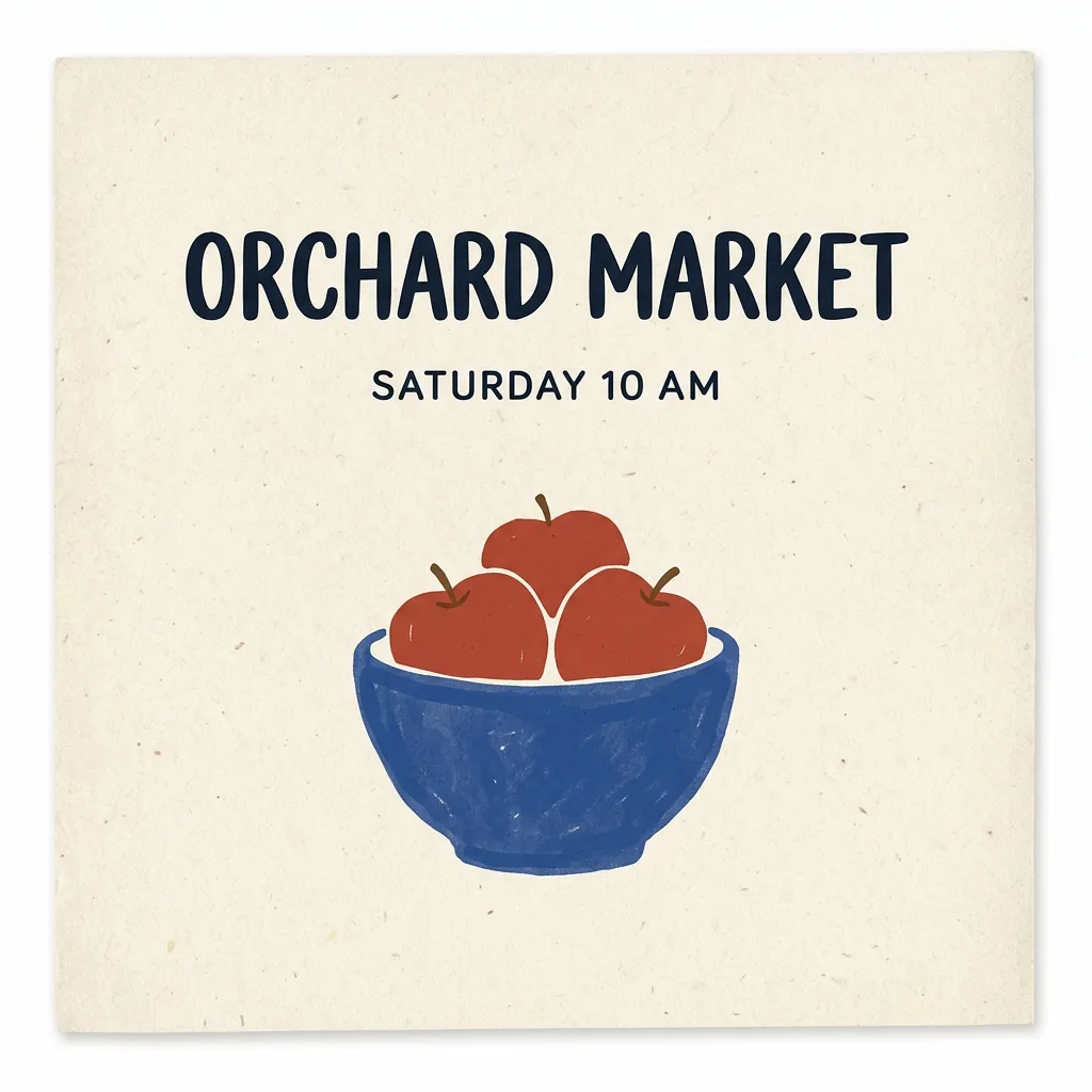 API-generated square poster with ORCHARD MARKET, SATURDAY 10 AM, and three apples in a blue bowl