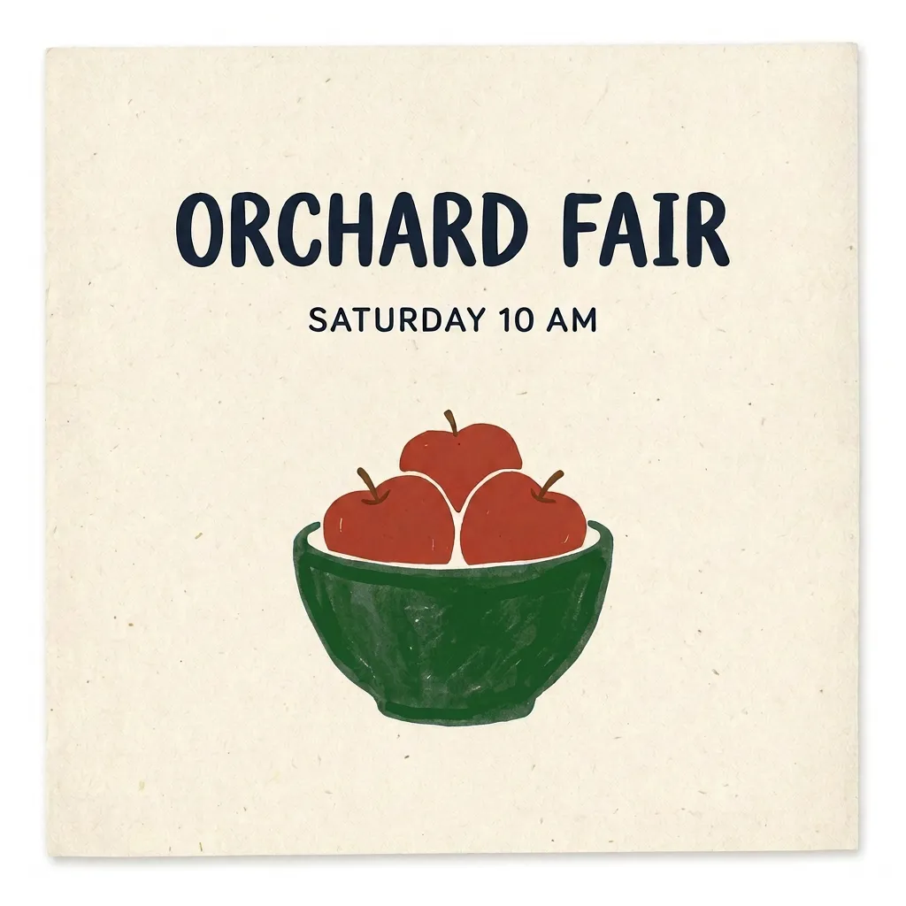API-edited poster with a dark green bowl, ORCHARD FAIR headline, and three apples