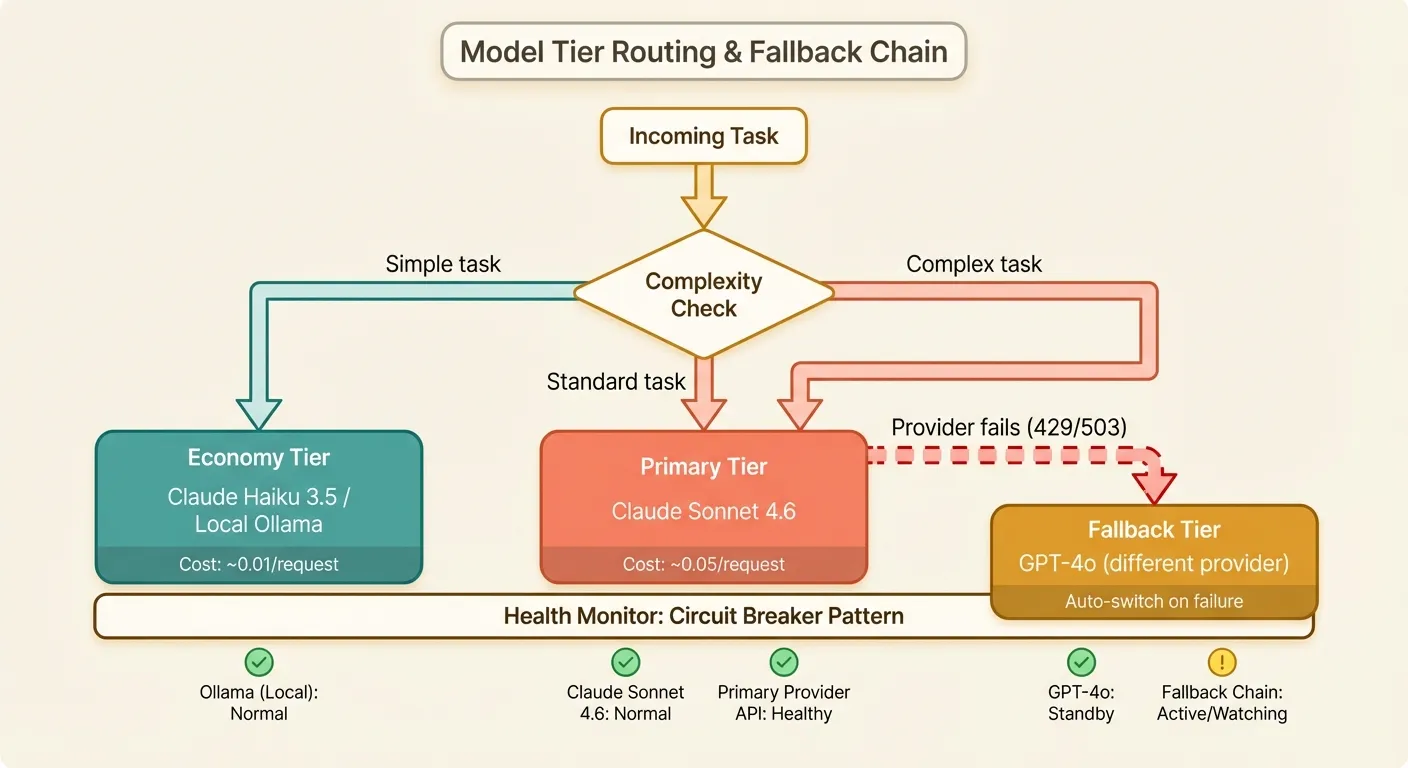 OpenClaw model tier routing and fallback chain diagram showing how tasks are routed to Economy, Primary, or Fallback tiers based on complexity, with automatic failover and health monitoring