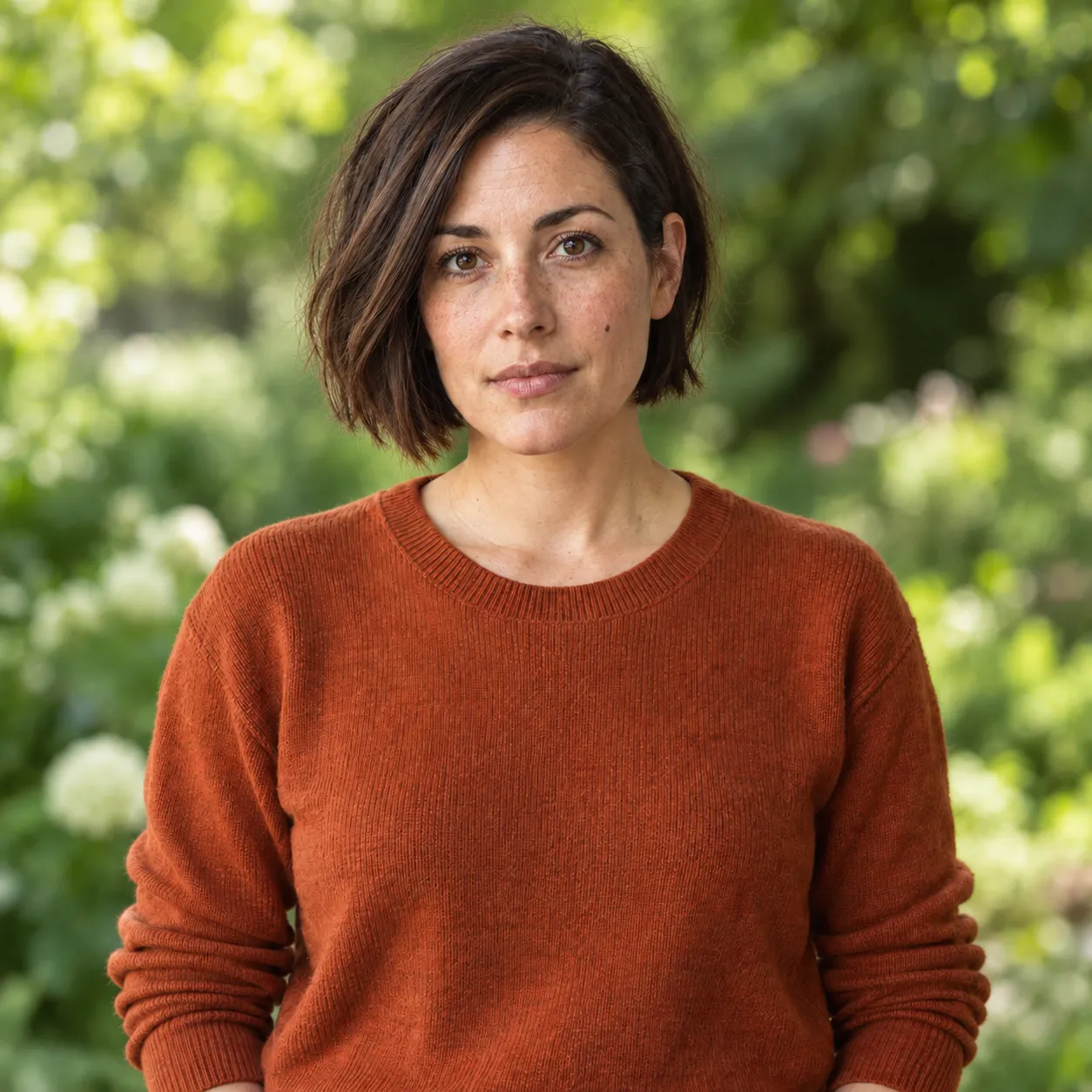 Actual Codex image-tool output with a garden background and the orange sweater retained