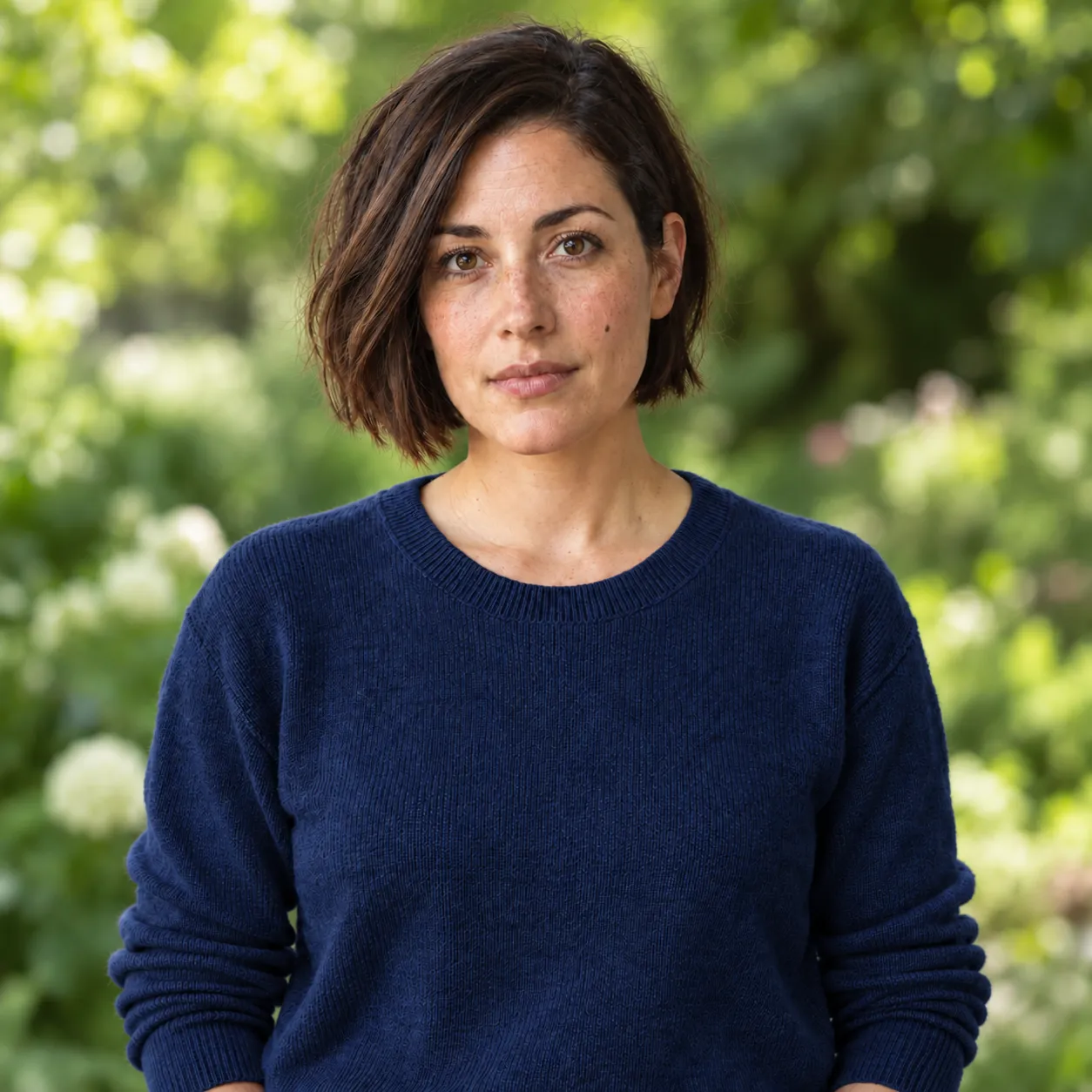 Actual sequential edit with a navy sweater and the garden background