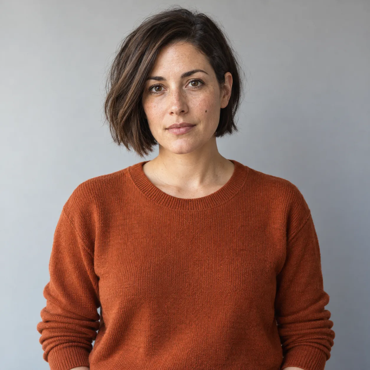 Synthetic source portrait with brown hair, freckles, an orange sweater and a gray background