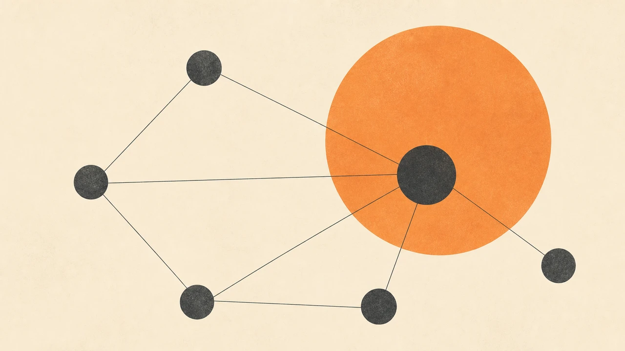 Abstract geometric composition with a large orange circle and thin connecting lines on cream background, representing the Qwen 3.6 Plus model joining the broader API gateway network