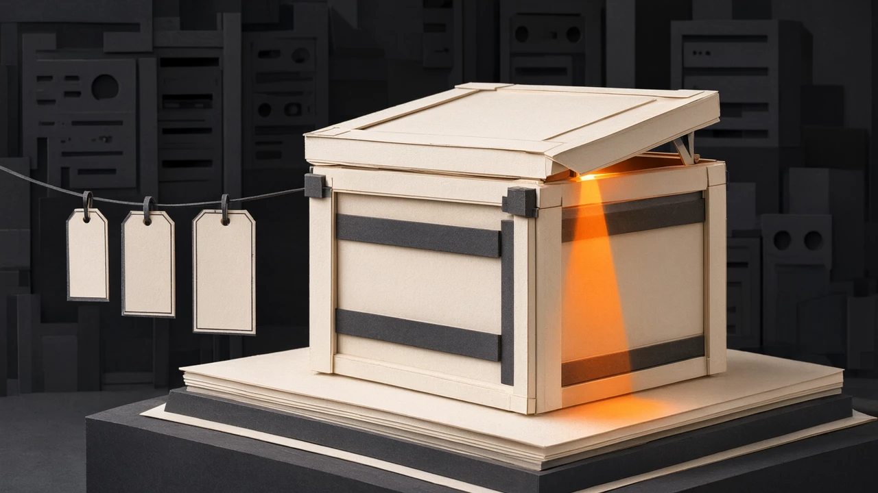 A layered paper-craft diorama in cream and charcoal grey with one orange accent, showing a large sealed crate on a plinth with its lid lifted a few centimetres and orange light escaping from the gap