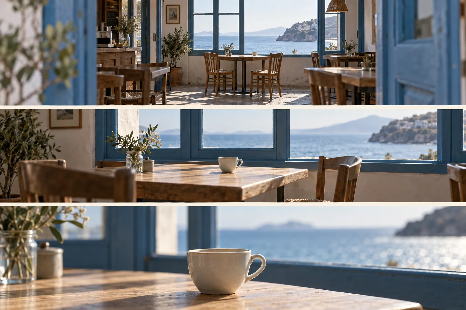 A concept sheet of a seaside cafe: entrance view, table view and cup detail.