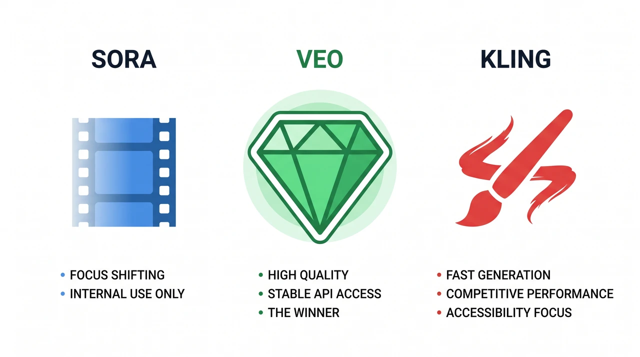 Sora 2 Pro、Veo 3.1、Kling 2.6 Pro 三款视频生成 API 的扁平化对比示意