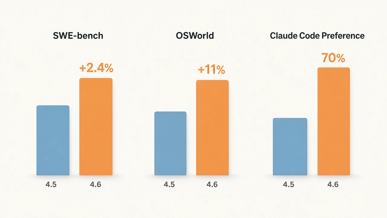 Claude Sonnet 4.5 与 4.6 性能对比示意图，柱状图风格展示 SWE-bench、OSWorld、Claude Code 偏好率三项指标差异